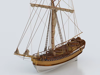 Detailed Wooden Sailing Ship Model With Masts Rigging And Cabin Structure 3d model