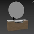 Modern Bathroom Washbasin Vanity With Round Backlit Mirror Wooden Cabinet And White Countertop Basin