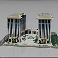 Modern Symmetrical Twin High Rise Buildings With Central Circular Plaza And Green Plants