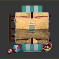 Vibrant Beach Hut Building Featuring Thatched Roof Green White Striped Awning Lifebuoy And Colorful Balls
