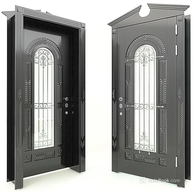 Black Front Door With Arched Glass Panel And Wrought Iron Decorative Details 3d model 