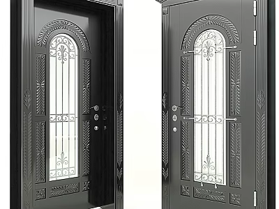 Black Front Door With Arched Glass Panel And Wrought Iron Decorative Details 3d model