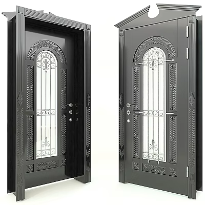 Black Front Door With Arched Glass Panel And Wrought Iron Decorative Details 3d model