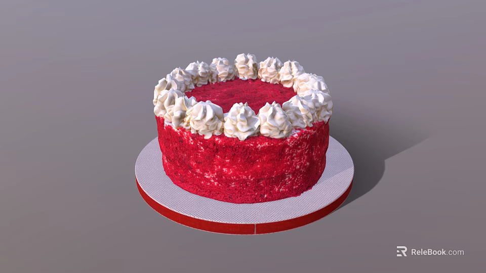 Delicious Red Velvet Cake With White Frosting Swirls On Round Plate 3d model 