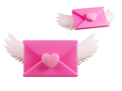 Cute Decorative Ornament Set with Pink Envelopes White Wings and Pink Hearts 3d model