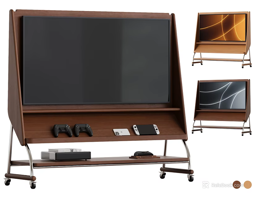Modern TV With Game Controllers Gaming Consoles And Wheels On Wooden Stand 3d model 
