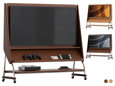 Modern TV With Game Controllers Gaming Consoles And Wheels On Wooden Stand 3d model