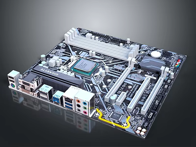 High Performance Computer Motherboard With CPU Socket RAM Slots And PCIe Interfaces 3d model