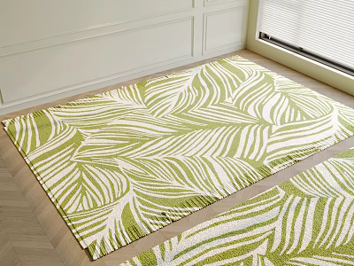 Green And White Leaf Pattern Square Area Rug In Living Room 3d model