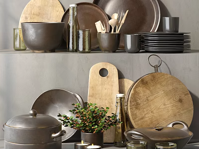 Modern Tableware Set Including Wooden Chopping Boards Metal Plates Bowls Mugs Pot Bottles and Plant 3d model