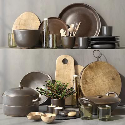 Modern Tableware Set Including Wooden Chopping Boards Metal Plates Bowls Mugs Pot Bottles and Plant 3d model