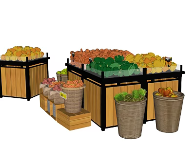 Wooden Display Shelves With Metal Frames Holding Fresh Fruits And Vegetables In Baskets 3d model