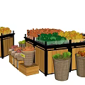 Wooden Display Shelves With Metal Frames Holding Fresh Fruits And Vegetables In Baskets