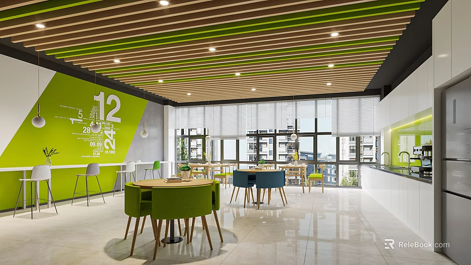 Modern Tea Room Interior With Green Wall Digital Patterns Wooden Green Ceiling And Colorful Chairs 3d model 
