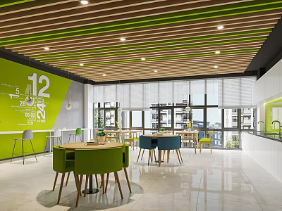 Modern Tea Room Interior With Green Wall Digital Patterns Wooden Green Ceiling And Colorful Chairs 3d model