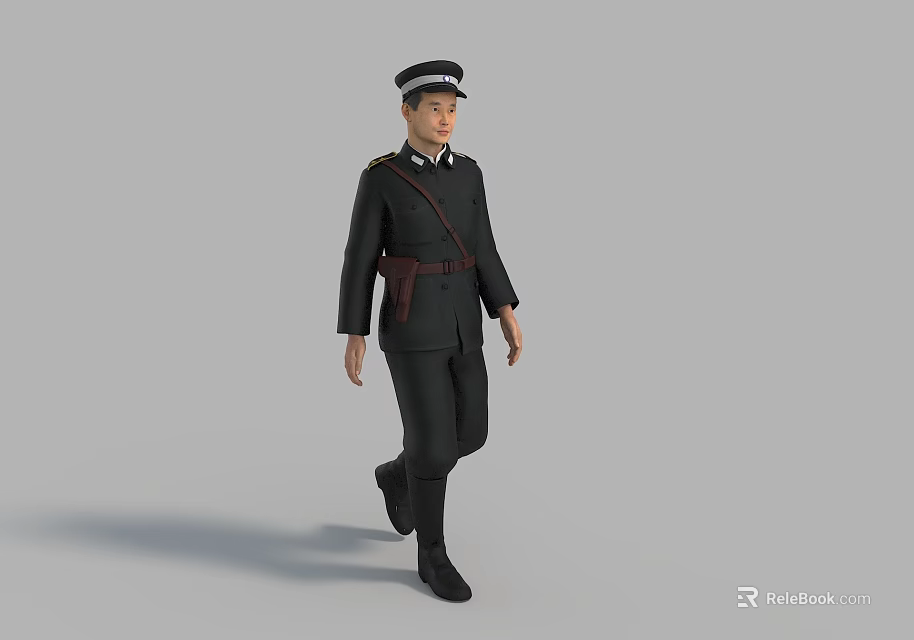 A Man in Dark Uniform Wearing Cap With Crossbody Bag Walking in Studio 3d model 