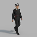 A Man in Dark Uniform Wearing Cap With Crossbody Bag Walking in Studio