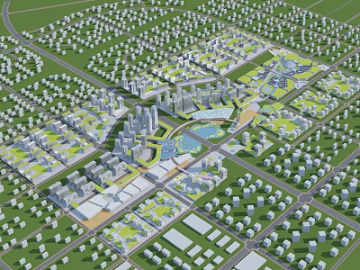 3D Urban Planning Model Aerial View with Building Complex Parks Roads and Green Spaces 3d model