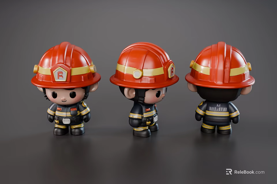 Firefighter Man Figurine With Red Helmet Black Uniform Three Angles 3d model 