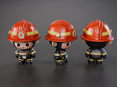 Firefighter Man Figurine With Red Helmet Black Uniform Three Angles 3d model