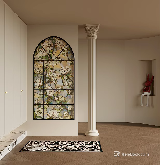 Elegant Entryway Hallway With Stained Glass Window White Column And Rabbit Decoration 3d model 