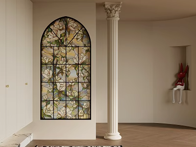 Elegant Entryway Hallway With Stained Glass Window White Column And Rabbit Decoration 3d model