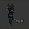 Raccoon Character 3D Model in Blue Outfit With Red Vest and Outstretched Arms