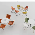 Colorful Modern Table And Chair Set With Round Tables And Multicolored Chairs