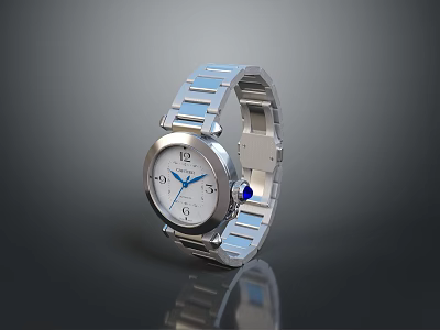 Stylish Silver Stainless Steel Wristwatch With White Dial And Blue Hands 3d model
