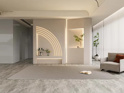Modern Minimalist Foyer Hallway With Arc Lighting Plant Niche Sofa Gray Carpet Floor Tiles 3d model