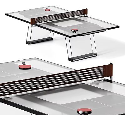 Modern Ping Pong Room Interior With Glass Table Metal Frame And Net 3d model