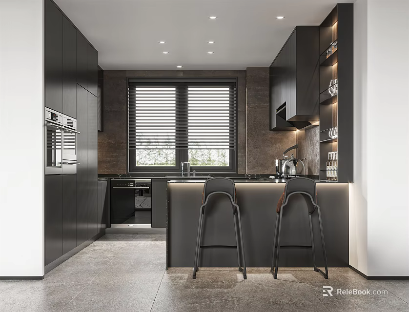 Modern Kitchen Interior With Black Cabinets Island Bar Stools And Window Blinds 3d model 