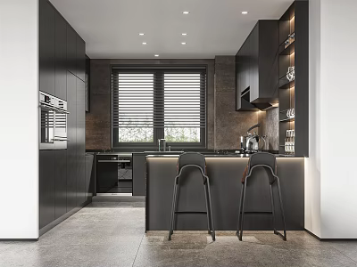 Modern Kitchen Interior With Black Cabinets Island Bar Stools And Window Blinds 3d model