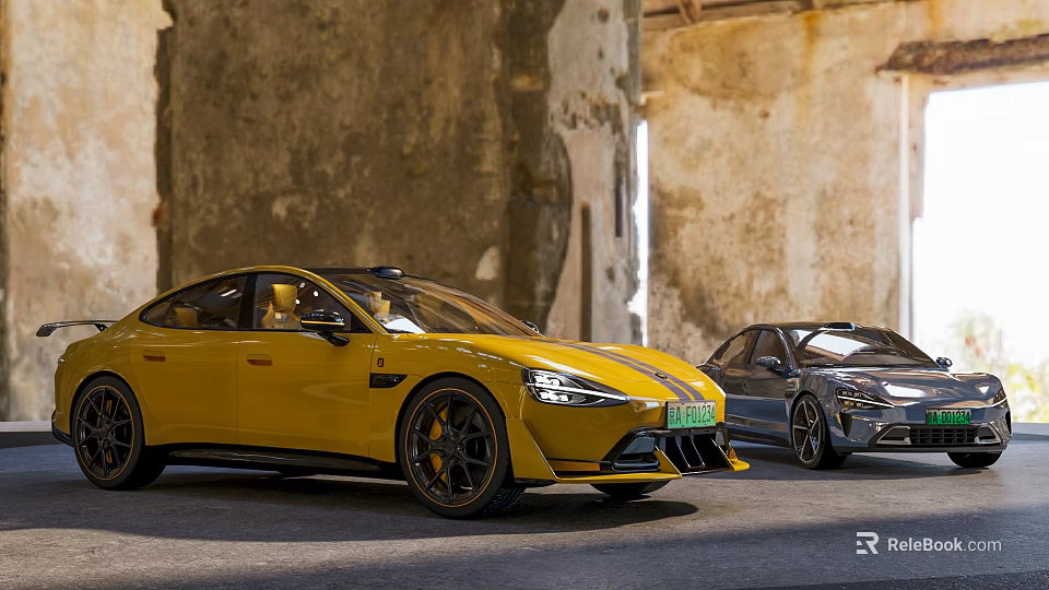 Yellow And Black Sports Cars Parked Against Old Stone Walls Background 3d model 