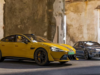 Yellow And Black Sports Cars Parked Against Old Stone Walls Background 3d model