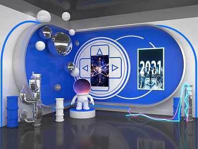 Futuristic Blue Background Wall With Digital 2031 Display Circular Elements And Astronaut Decor 3d model