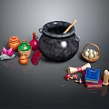 Assorted Daily Living Items With Black Cauldron Clay Pots Egg Basket Scroll And Mushrooms