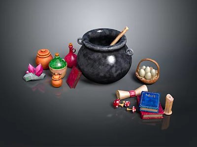 Assorted Daily Living Items With Black Cauldron Clay Pots Egg Basket Scroll And Mushrooms 3d model