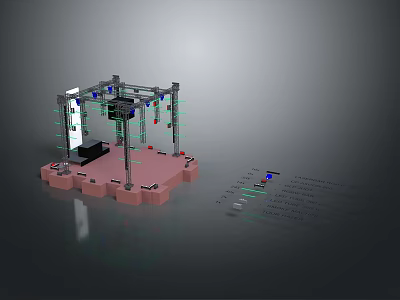 3D Rendered Mechanical Setup With Pink Platform Suspended Components And Technical Diagram 3d model