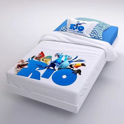 Single Bed with RIO Printed Bed Linen and Animated Characters and Blue Pillowcases 3d model