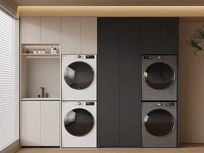 Modern Laundry Room With Stacked Washer Dryer Cabinets Blinds And Plant 3d model