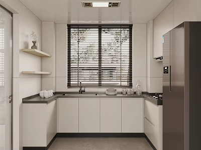 Modern Kitchen Interior With White Cabinets Black Countertop Window Blinds And Refrigerator 3d model