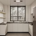 Modern Kitchen Interior With White Cabinets Black Countertop Window Blinds And Refrigerator