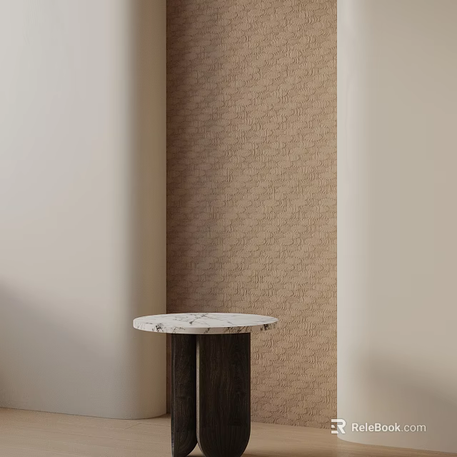 Modern Side Table With White Marble Top And Dark Wooden Legs Against Geometric Pattern Beige Wall Background 3d model 