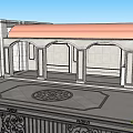 Elegant Courtyard Garden at Night with White Architecture Arched Portico Columns and Geometric Floor Pattern