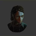 3D Character Female Head Model With Brown Hair Blue Shirt And Serious Expression