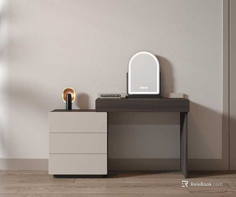 Modern Dressing Table With Oval Mirror Light Colored Drawers And Dark Tabletop Accent Lamp 3d model