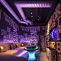 Modern KTV Interior Design With Purple Lighting Typography Wall Sofa Seats And TV Screen