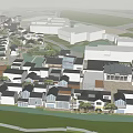 Planned Commercial Landscape with Mixed Use Buildings Roads and Green Spaces