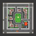 Colorful Residential Buildings Layout With Central Green Square Roads And Vehicles